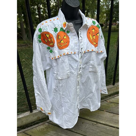 SUN BELT Womens 100% Cotton Collared Halloween Fall Shirt Pumpkin Large Vintage - Picture 1 of 9